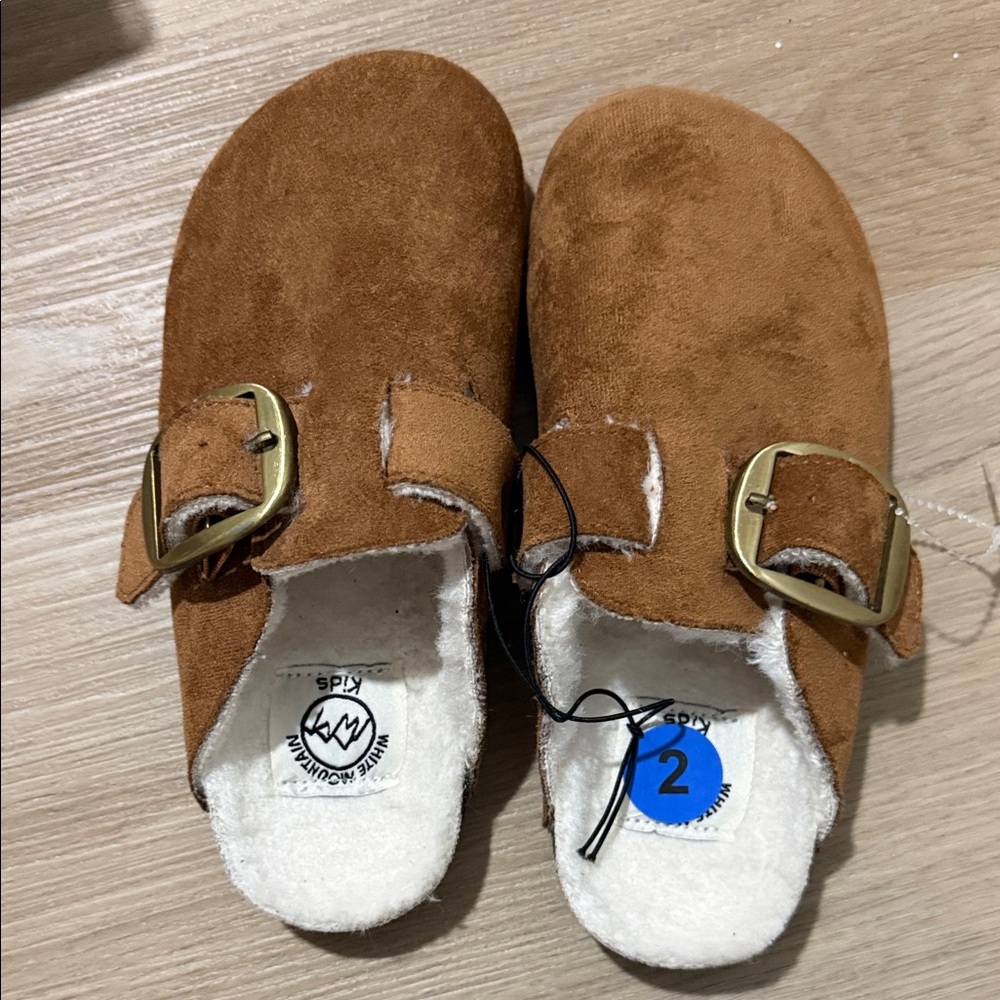 White Mountain Kids Suede Slip-On Clog in Brown with Gold Buckles